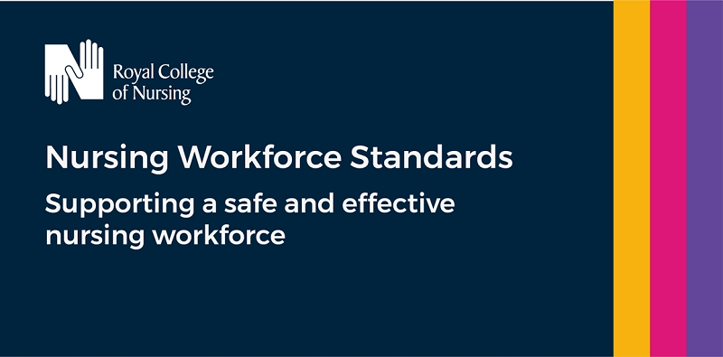  A blue background with white text that reads: "Nursing workforce standards: supporting a safe and effective nursing workforce."